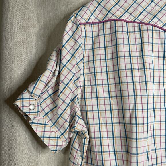 Bit & Bridle Womens Pearl Snap Shirt Large Pink Blue White Plaid Pockets Western - Picture 5 of 8